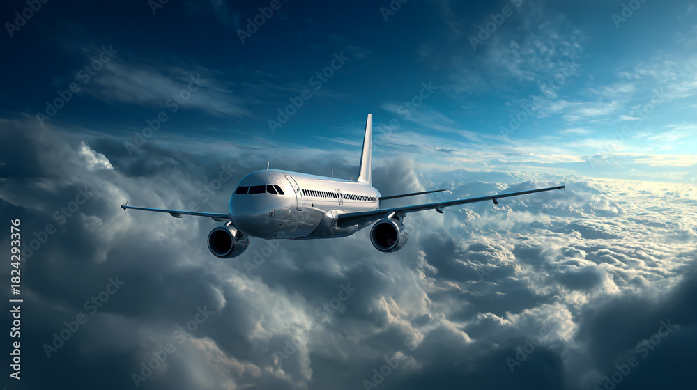 Obraz premium A white passenger airplane flying above the clouds, against a blue sky background, in a photorealistic style.