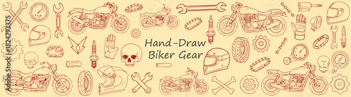 Hand drawn biker gear pattern featuring motorcycles helmets wrenches skulls and other biker accessories
