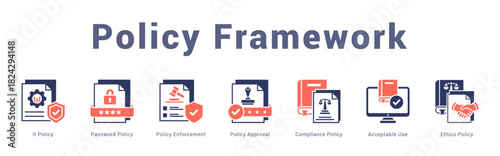 Policy Framework Modern and clean web banner illustration featuring thematic icons for visual communication