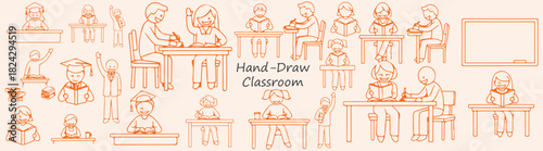 Illustration of students in a classroom setting with desks books and a blackboard in orange outline
