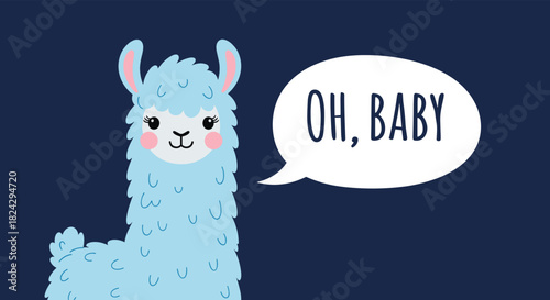 An adorable illustration of a cute, fluffy blue llama with a speech bubble that says 'Oh, Baby,' ideal for a baby shower card.
