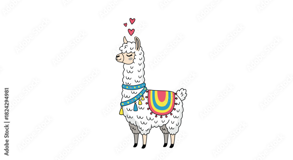 Fototapeta premium An adorable cartoon illustration of a cute white llama in love, with hearts floating above its head, isolated on a white background.