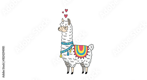 An adorable cartoon illustration of a cute white llama in love, with hearts floating above its head, isolated on a white background.