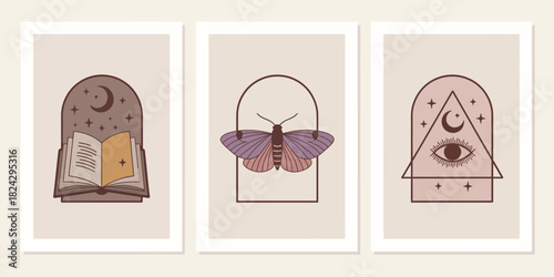 Arch magic symbol collection, featuring esoteric witch tattoos, mystical open book, ornamental moth, and pyramid with eye illustration, designed for vintage poster layouts, artistic cards, flyers, 