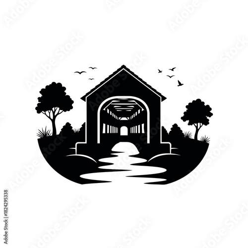 Canvastavla Covered bridge silhouette with river and trees.