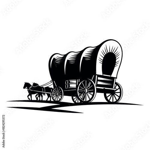 Covered wagon pulled by horses in black and white.