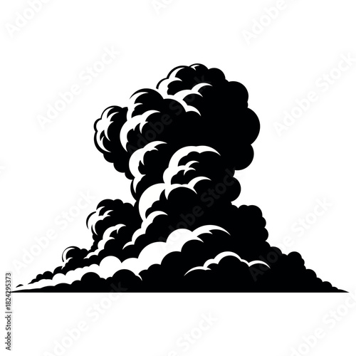 Dark billowing smoke cloud rising from the ground.