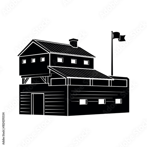 Silhouette of a Historic Fort with Flag and Chimney.