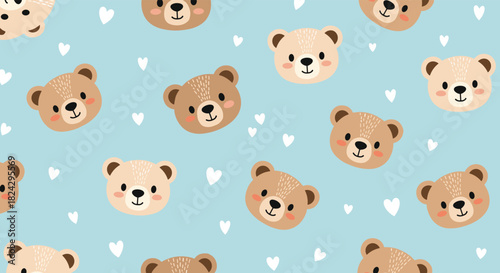 An adorable seamless pattern featuring cute cartoon teddy bear faces and small white hearts scattered on a soft light blue background.