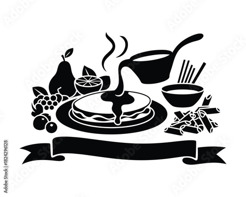 Pancakes with syrup and fruit still life vector illustration