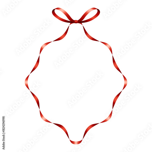 Red ribbon bow frame. Pointed oval wavy border elegant coquette style. Blank vintage gift tag or label template. Decorative element for marketing promotions, cards, invitations and more.