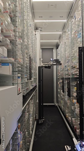 A pharmacy robot moves through a narrow aisle lined with towering shelves of medicine boxes, automating precise and efficient medication retrieval in a modern pharmacy setup.