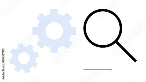 Magnifying glass investigating overlapping gears, indicating exploration, problem-solving, and system improvement. Ideal for research, efficiency, innovation, strategy, technology teamwork