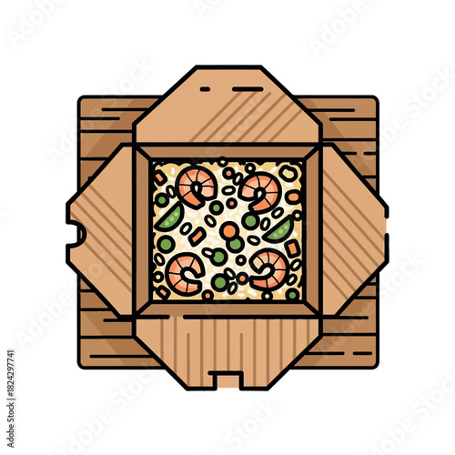 Cartoon Illustration of Open Takeout Box with Shrimp Stir-Fry and Vegetables