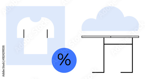 White t-shirt, cloud icon, percentage badge, and a digital interface concept. Ideal for e-commerce, discounts, cloud storage, retail marketing online shopping SaaS. A simple flat metaphor