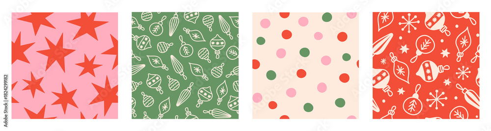 Obraz premium Festival christmas set seamless patterns with christmas balls, stars, polka dots and snowflakes. Green, red, pink and beige colors. Vector hand drawn illustration