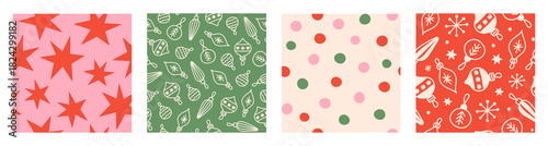 Festival christmas set seamless patterns with christmas balls, stars, polka dots and snowflakes. Green, red, pink and beige colors. Vector  hand drawn illustration
