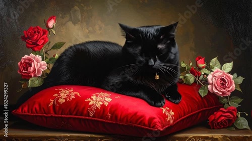 Elegant Black Cat on Red Pillow with Roses