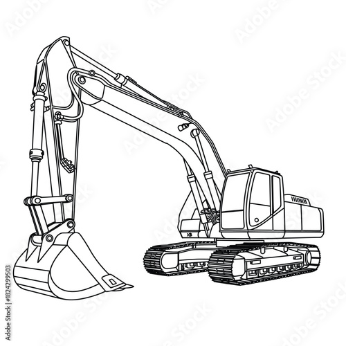 Line drawing of a construction excavator machine on tracks