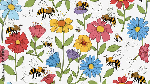 Floral Pattern with Bees Colorful Flower Garden Background Illustration