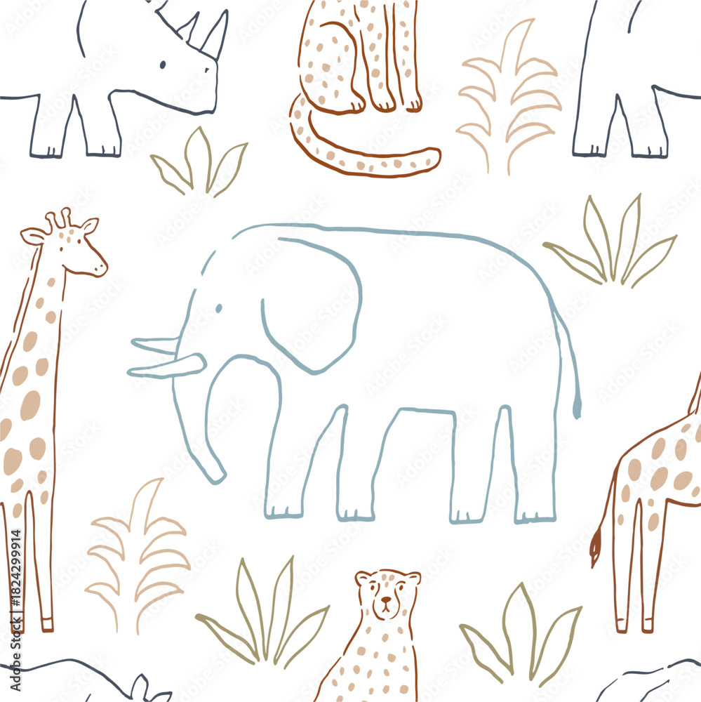 Obraz premium Safari animals cute illustration in doodl style. Outline hand drawn print. African wild animals character. Seamless pattern