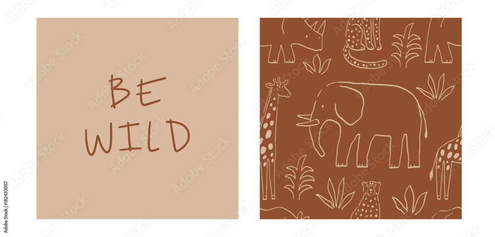 Obraz premium Safari animals cute illustration in doodl style. Outline hand drawn print. African wild animals character. Seamless pattern