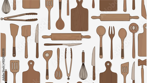 Kitchen Utensils Seamless Pattern Cooking Tools Vector Background