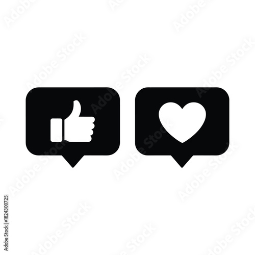 Black speech bubbles with white thumbs up and heart icons