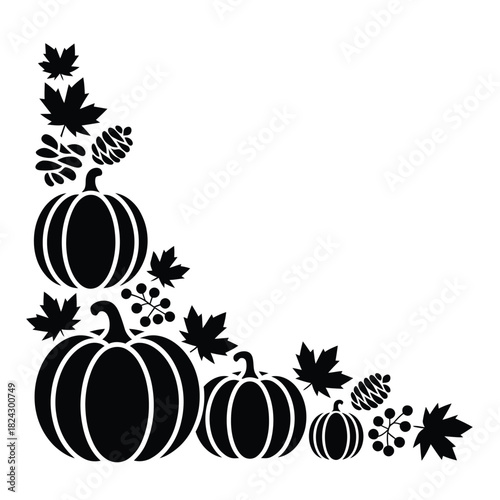 Black silhouette corner decoration with pumpkins and autumn leaves