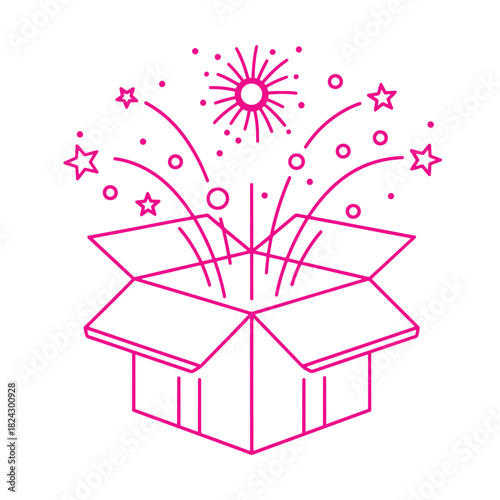 Pink line art open box with fireworks and stars bursting out gift surprise
