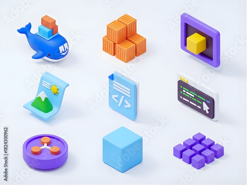 3d docker icons set – container, whale, terminal, cube, network, image, stack. 3D icon set