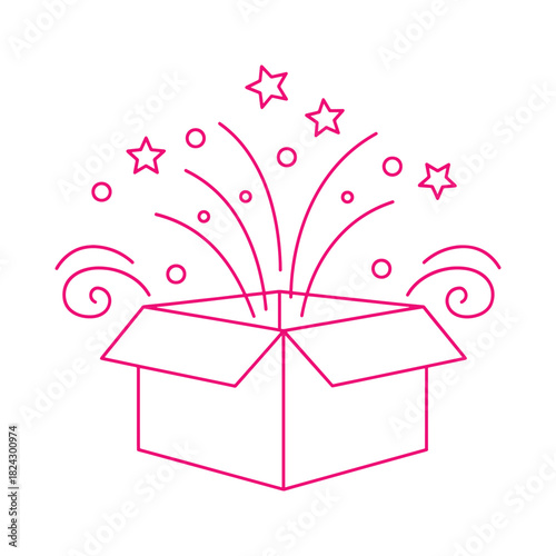 Pink line art open box with stars and circles exploding upwards gift present