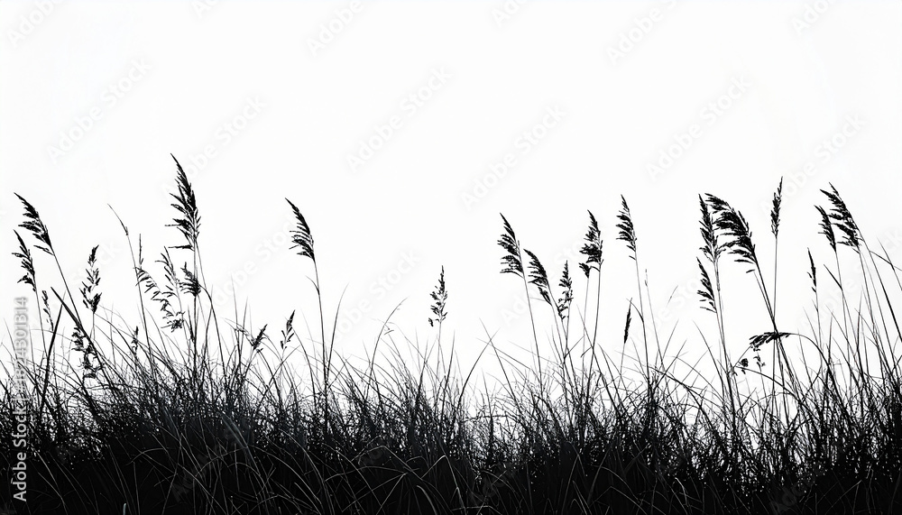 Fototapeta premium Black silhouette of tall grass and reeds against a white background image photo