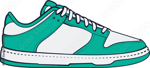 Flat color vector illustration of a modern low-top casual sneaker, clean shapes, smooth curves, bold silhouette, minimal shading, balanced color palette, high-quality footwear graphic for fashion desi
