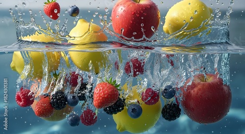 Fototapeta Naklejka Na Ścianę i Meble -  Vibrant fresh fruits splash into clear water creating refreshing splashes and ripples