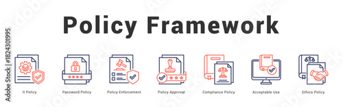 Policy Framework Modern and clean web banner illustration featuring thematic icons for visual communication