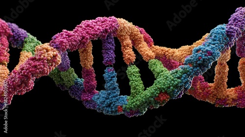 Fototapeta Naklejka Na Ścianę i Meble -  Colorful DNA Helix Structure on Black Background Illustrating Genetic Code and Molecular Biology Concepts in Vibrant Detail for Scientific Use