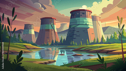 Very beautiful abandoned cooling towers in a quiet landscape, depicted in a neutral, non-specific industrial ruin style. Scene shows large, weathered hyperboloid towers rising above calm water, surrou