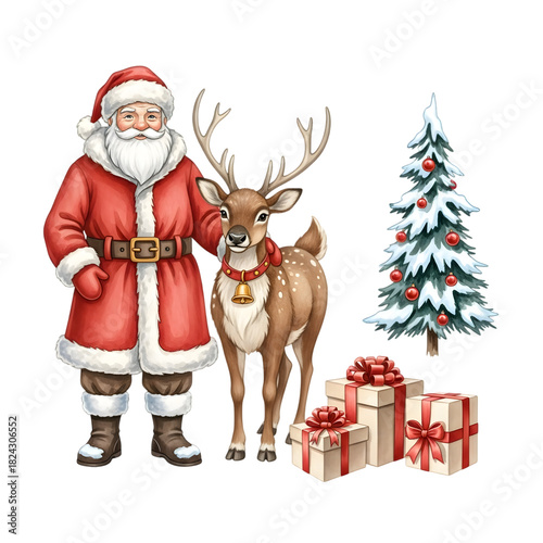 Watercolor illustration of Santa Claus with a reindeer, a snow-covered Christmas tree, and wrapped gift boxes, celebrating the holiday season.