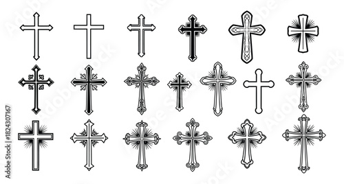 Christian Cross Vector Set with Decorative Styles for Religious Symbolism and Spiritual Graphics Designs A Collection of Diverse Cross Shapes