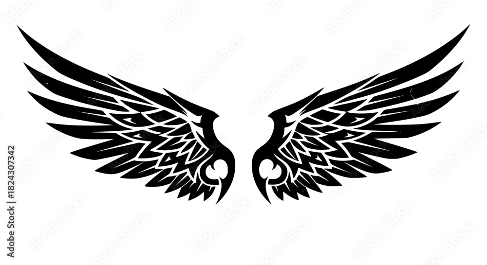 Obraz premium Tribal style vector wings, bold lines, tattoo style, isolated, symmetrical design