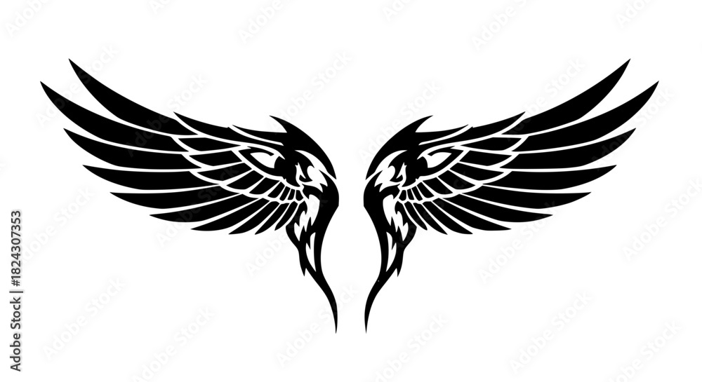 Fototapeta premium Tribal style vector wings, bold lines, tattoo style, isolated, symmetrical design
