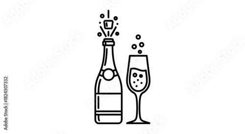 An illustration of a champagne bottle with its cork popping and a glass of champagne next to it.