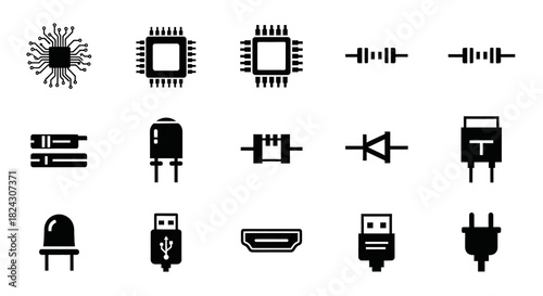Collection of various electronic components and connectors, ideal for technical illustrations.
