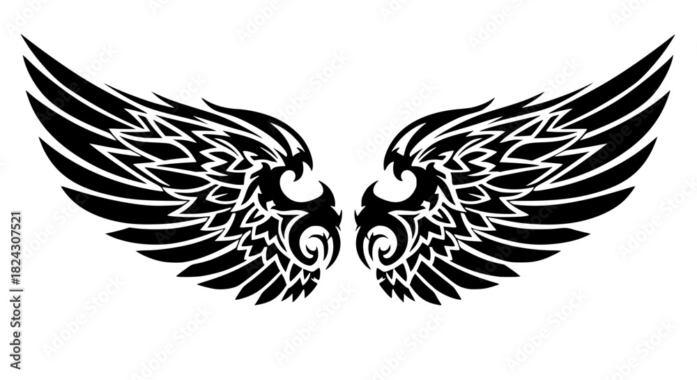 Obraz premium Tribal style vector wings, bold lines, tattoo style, isolated, symmetrical design