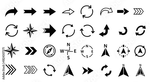Collection of black arrow and compass icons on a white background.
