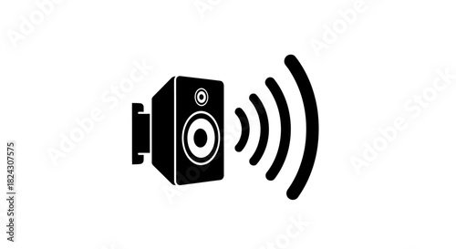 A simple black icon of a loudspeaker emitting sound waves on a white background.