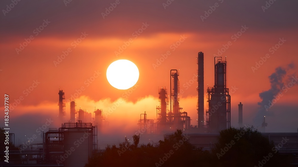 Fototapeta premium A chemical plant silhouetted against a dramatic sunset with rolling fog evoking industrial power and atmospheric conditions