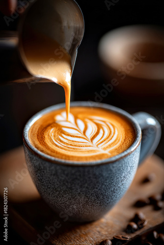 Barista Pouring Latte Art into Ceramic Cup in Coffeehouse Setting