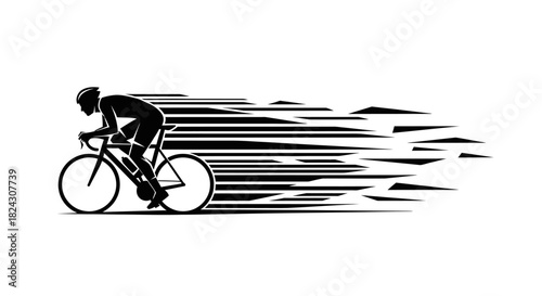A dynamic black and white graphic of a cyclist on a racing bicycle, depicted at high speed with motion blur lines.